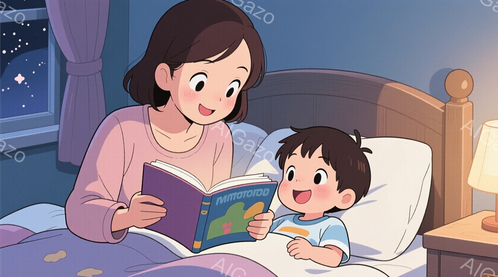 母親と息子がベッドで絵本を読んでいる様子が描かれています。母親はピンクの服を着ており、優しい笑顔で息子を見下ろしています。息子は青いパジャマを着て、絵本に夢中になり、口を開けて喜んでいます。 - AI生成フリー素材