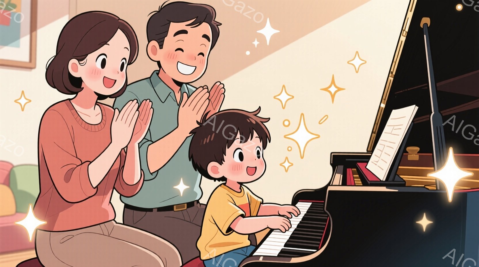 少年はピアノを弾いており、両親が彼を見て拍手しています。少年は黄色いシャツと紺色のズボンを着用し、笑顔で鍵盤を見つめています。背景には黒いピアノ、そして暖かい色のリビングルームがあり、星のような輝きが全体を包み込み、温かく幸せな雰囲気を醸し出しています。