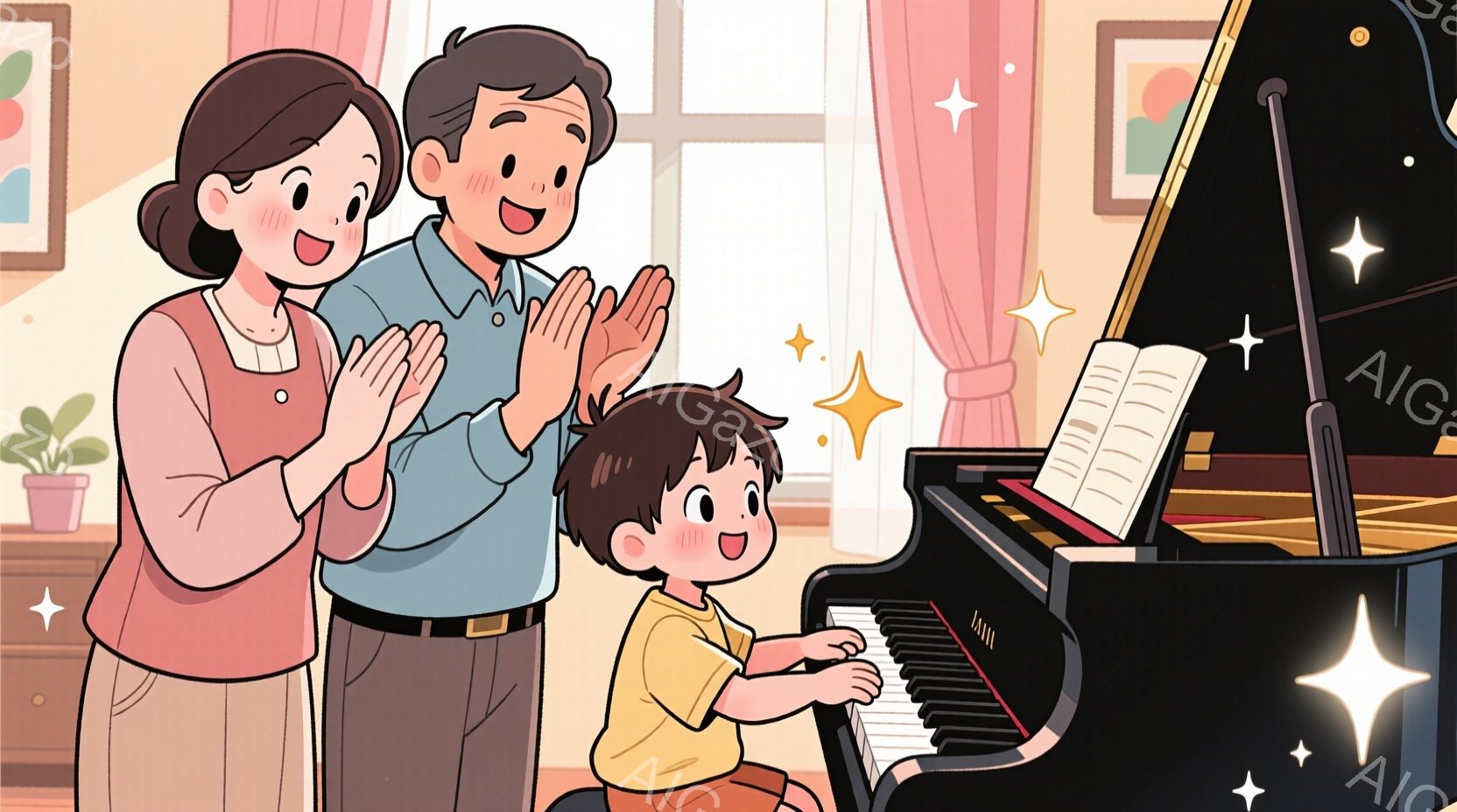 少年はピアノを弾いており、母親と父親は彼を見て拍手しています。母親はオレンジ色のワンピースを着ており、茶色の髪を後ろでまとめています。父親は水色のシャツと茶色のズボンを着用し、笑顔で息子を見守っていま - AI生成フリー素材