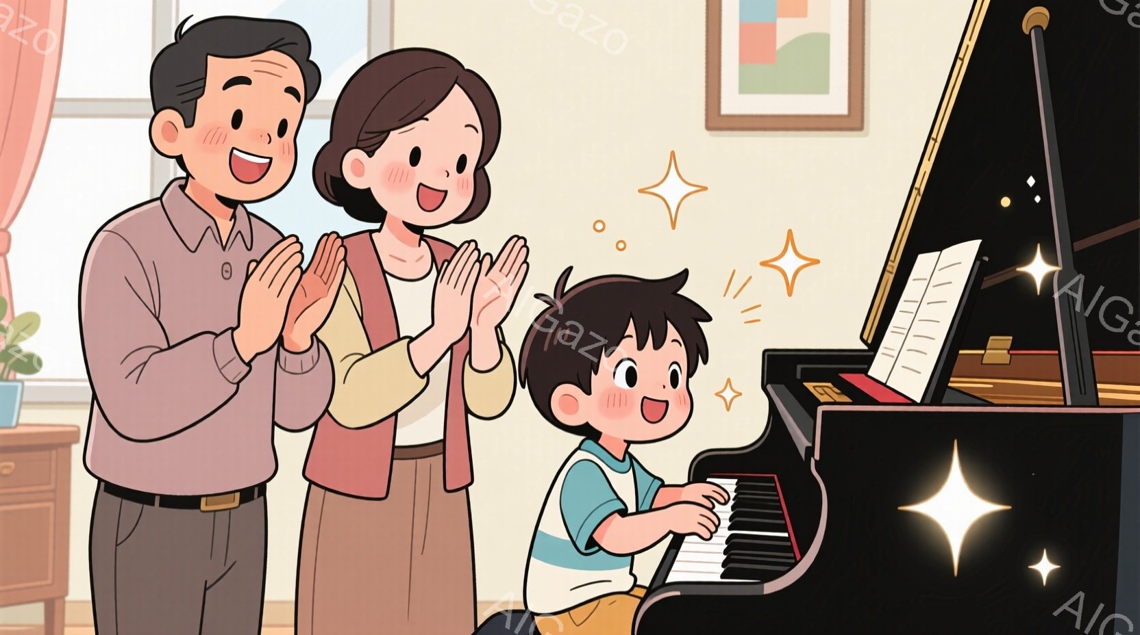 少年はピアノを弾いており、両親が拍手をして喜んでいます。少年は青いシャツに白いラインが入った服を着ており、両親はそれぞれ赤いシャツとベージュのセーターを着ています。背景には絵画が飾られており、室内は暖かく、家族の愛情が伝わる雰囲気です。