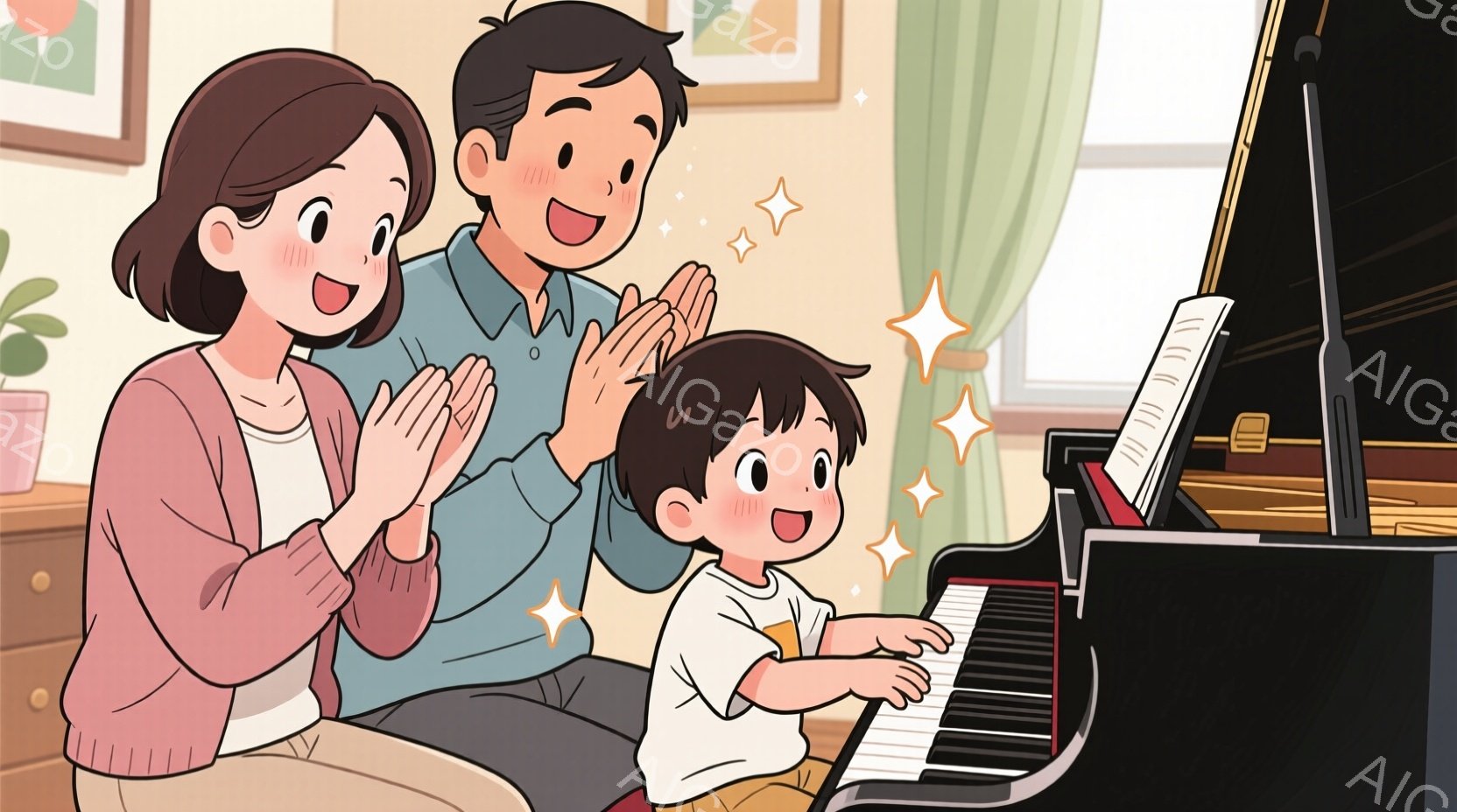 少年はピアノを弾いており、両親は嬉しそうに手を叩いて彼を応援しています。少年は明るい黄色のシャツを着ており、両親はそれぞれセーターとズボンを着用しています。背景には絵画が飾られ、明るい室内で温かい家族 - AI生成フリー素材