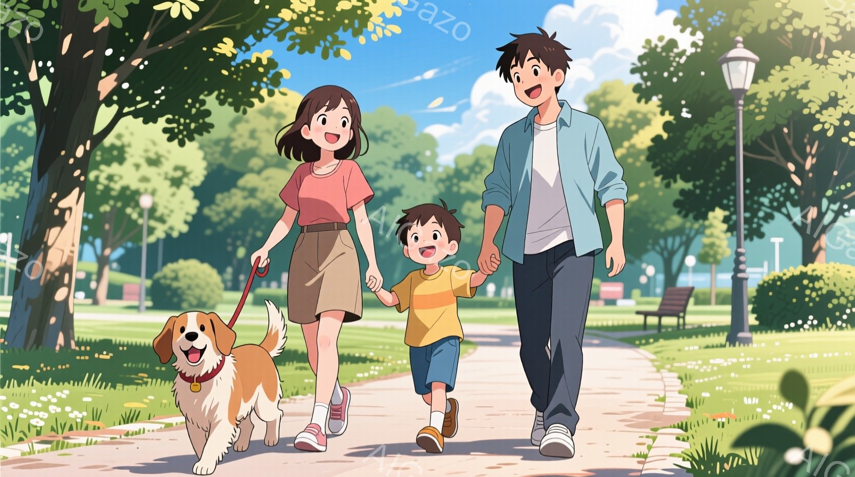 犬を連れた若い夫婦と幼い息子が公園を散歩している様子が描かれています。女性は短い茶色の髪で、ピンクのTシャツと短いスカートを着ています。男性は黒髪で、青いシャツとジーンズ、白いスニーカーを履いています - AI生成フリー素材