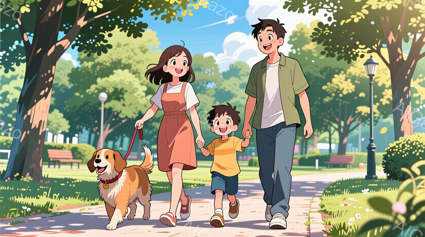 少女と少年と犬が公園を歩いているイラストです。少女はオレンジ色の髪をポニーテールにして、ピンク色のワンピースを着ています。少年は青い短パンと白いTシャツを着ており、母親と手をつないでいます。背景には緑豊かな木々や花壇、ベンチがあり、晴天の下、家族が楽しそうに散歩している様子が描かれています。