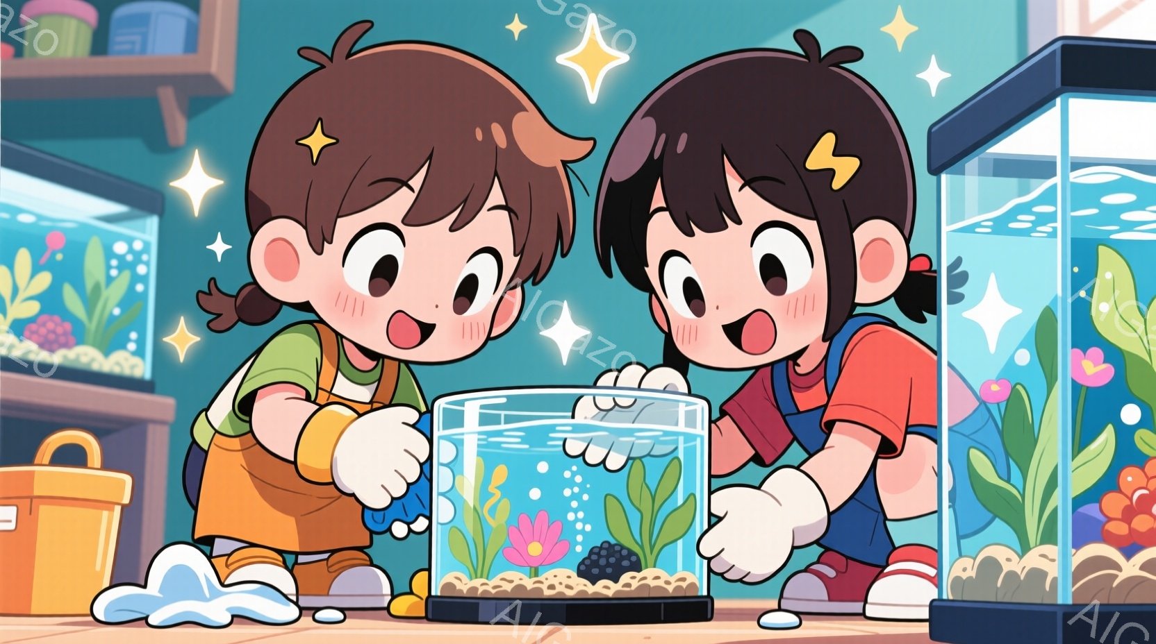 二人の子供が水槽の前にかがみこみ、小さな魚を水槽に入れる作業をしています。オレンジ色の髪に赤いエプロン姿で、顔には好奇心と集中が表れています。背景には、水槽とカラフルな植物が配置されており、明るく楽しい雰囲気が漂っています。