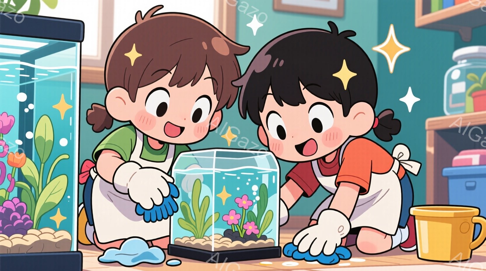 二人の少女が水槽の手入れをしている様子が描かれています。ピンクのシャツに白いエプロンを着け、髪を短くお団子にしており、顔には笑顔が見られます。水槽の中には植物やカラフルな飾りがあり、背景には棚や黄色い - AI生成フリー素材