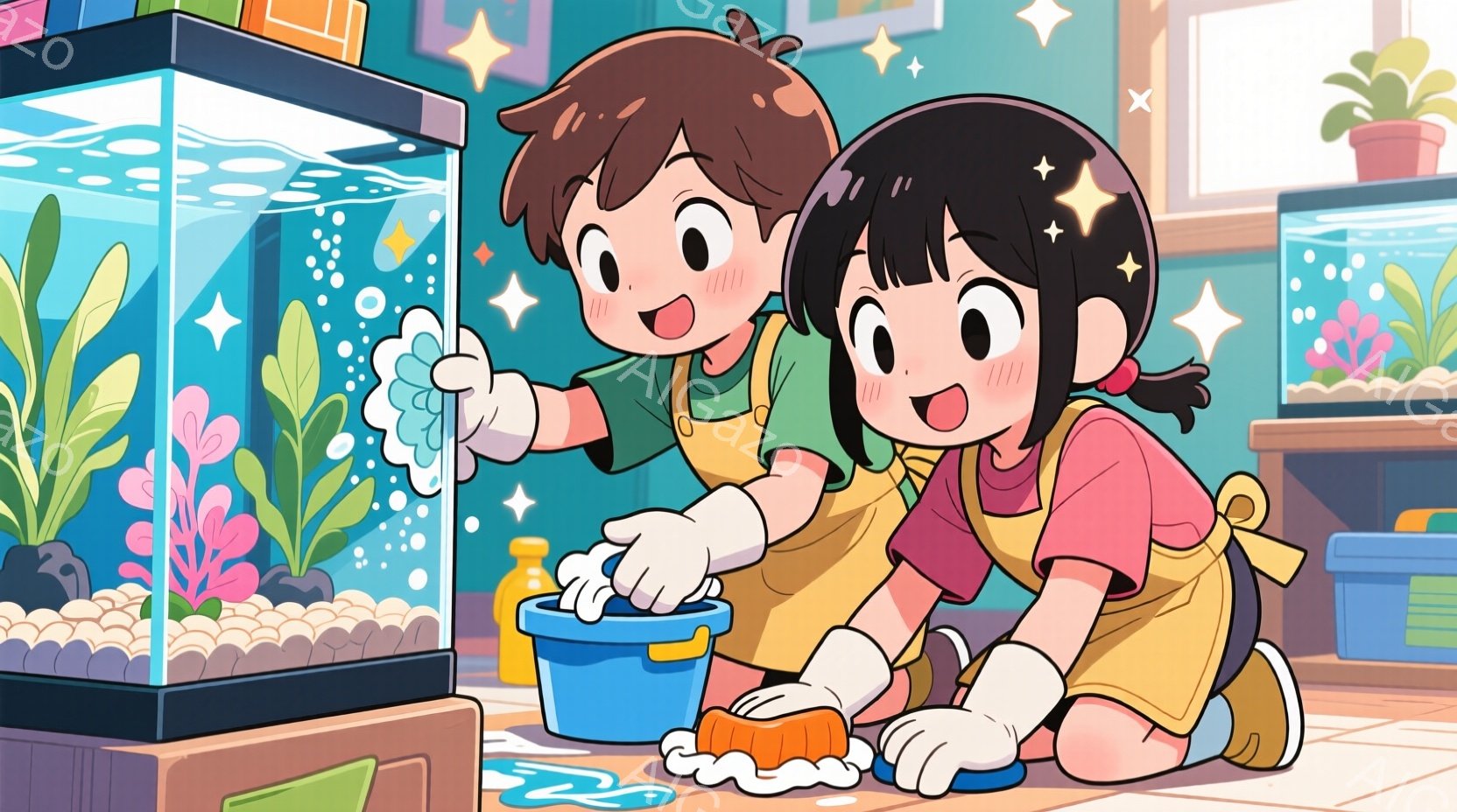 少年と少女が水槽を掃除しています。少年は茶色の髪で、白いシャツとエプロンを着ています。少女はピンク色のシャツとエプロンを着ており、長い黒髪を結んでいます。水槽の周りには水しぶきと泡があり、背景には別の水槽と青いバケツが見えます。