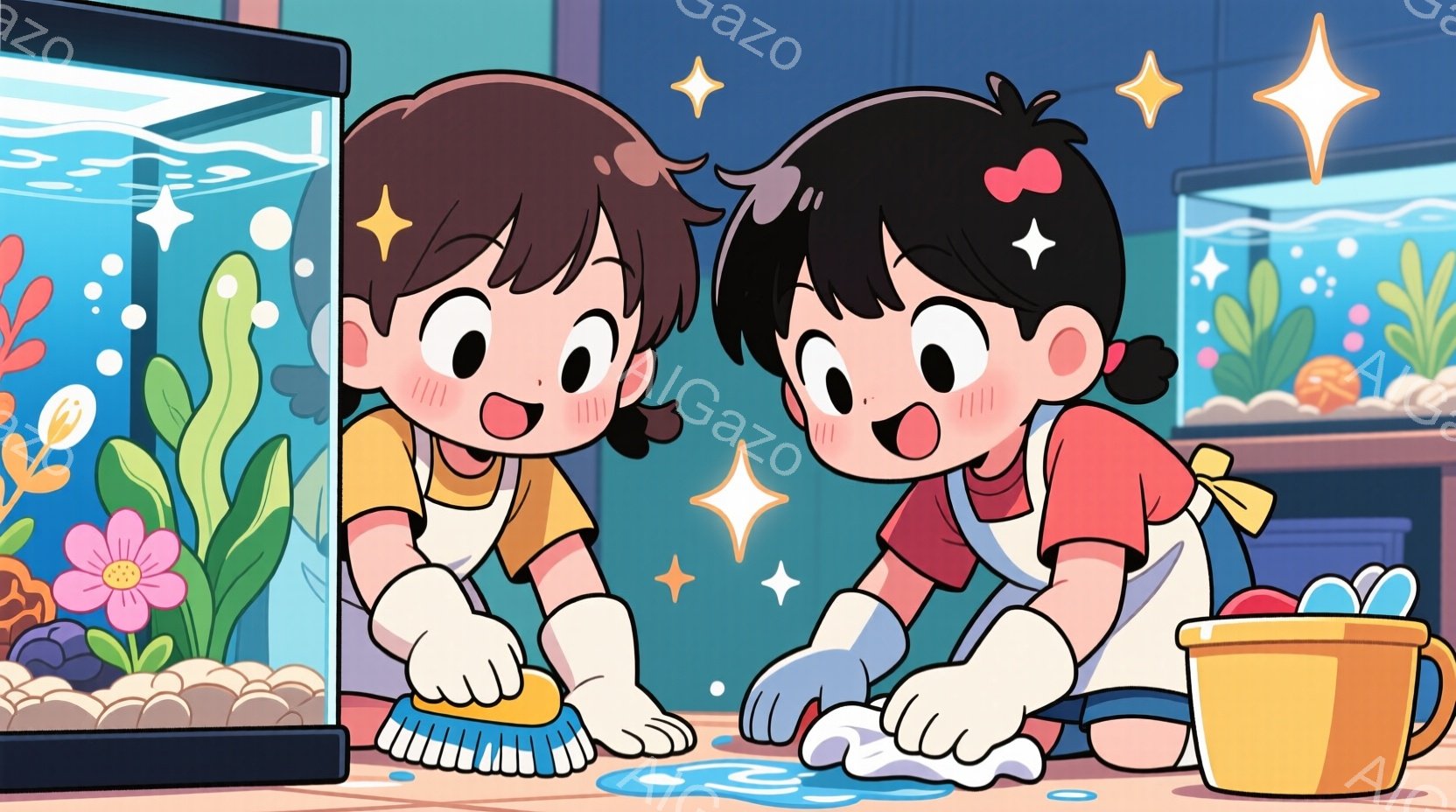 幼い女の子二人が、それぞれモップと雑巾を使って床を掃除しています。二人はエプロンを身に着け、赤いリボンで髪を結んでいます。背景には水槽があり、水槽の中にはカラフルな水草と装飾が配置され、全体的に明るく清潔な雰囲気が漂っています。