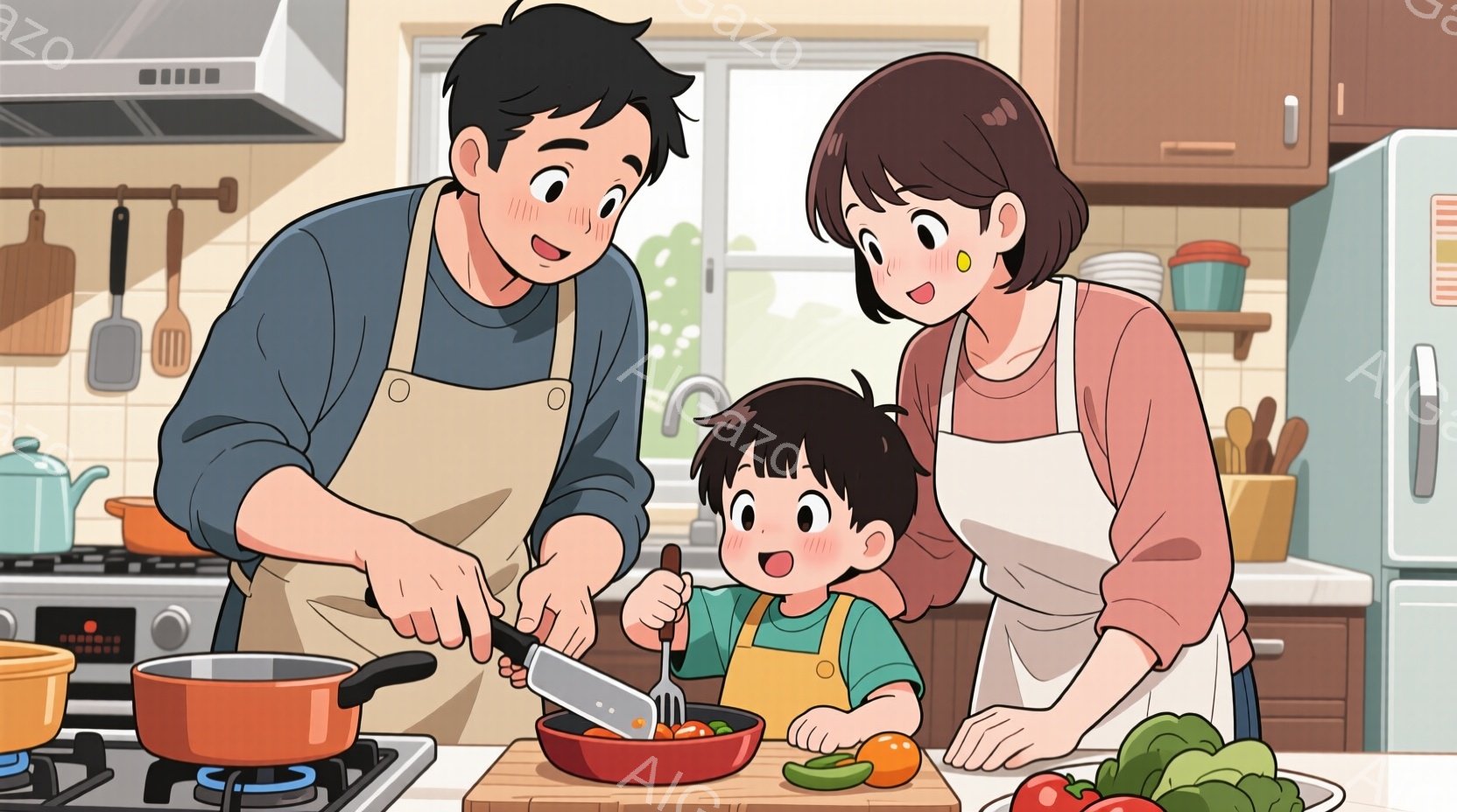 料理をしている家族の様子が描かれています。父親はエプロンをつけて、まな板で野菜を切っており、息子はフォークで鍋の中身を覗き込もうとしています。母親は微笑みながら、その様子を見守っています。 - AI生成フリー素材