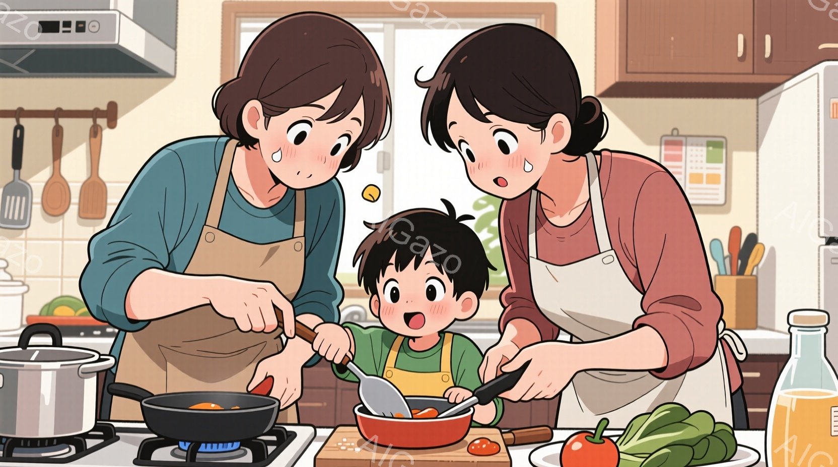 少年はエプロンを着た母親と協力して調理している様子で、フライパンの中身を熱心に混ぜている。母親は息子を見守りながら微笑んでおり、二人とも幸せそうに料理を楽しんでいる。背景にはキッチン用品や野菜が置かれ - AI生成フリー素材