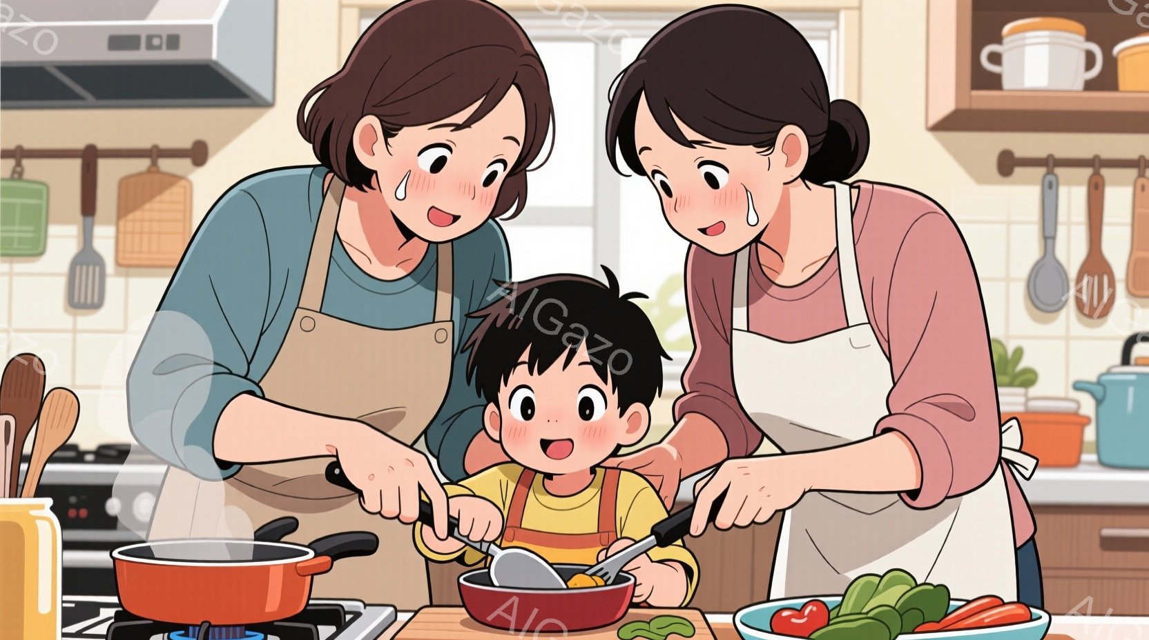 少年はエプロンを着て、母親二人とキッチンで料理をしている。母親たちは笑顔で、少年が野菜を切るのを手伝っている様子で、暖かく幸せな雰囲気が漂っている。背景には調理器具が並び、キッチンは明るく清潔で、家庭 - AI生成フリー素材