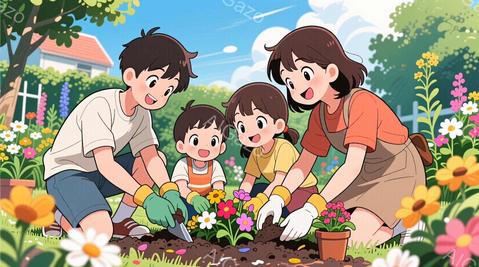庭で花を植える家族が描かれています。父親は青い半ズボンと白いTシャツを着て、土を耕しています。母親はオレンジ色のシャツとベージュのエプロンをつけ、娘と一緒に花を植え、幼い息子も土いじりをしています。