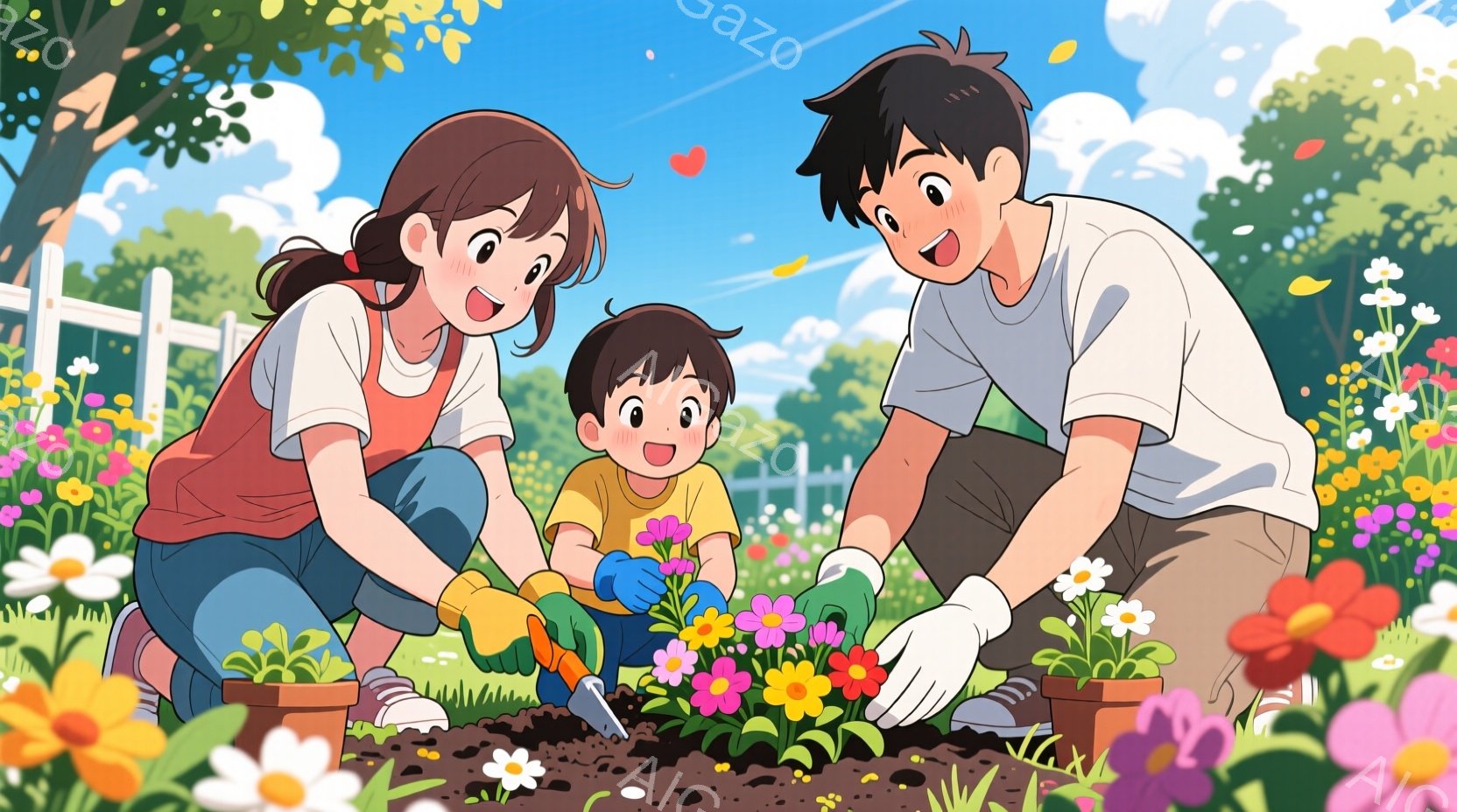 庭で花を植える家族が描かれています。母親はエプロンをつけ、明るい笑顔で土を掘り、息子は小さなシャベルを使って苗を植えています。背景には白いフェンスと色とりどりの花が咲き乱れ、晴天の下、穏やかで幸せな雰囲気が漂っています。