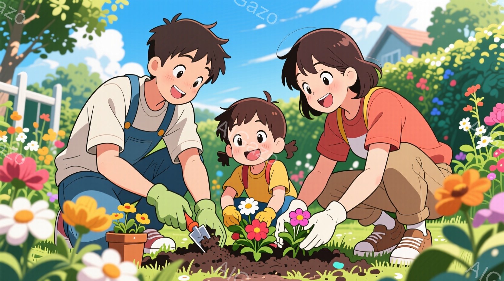 背景には、緑豊かな草地、色とりどりの花、そして白い木造の家が見えます。晴れた空と柔らかな光が、温かく幸せな雰囲気を醸し出しています。