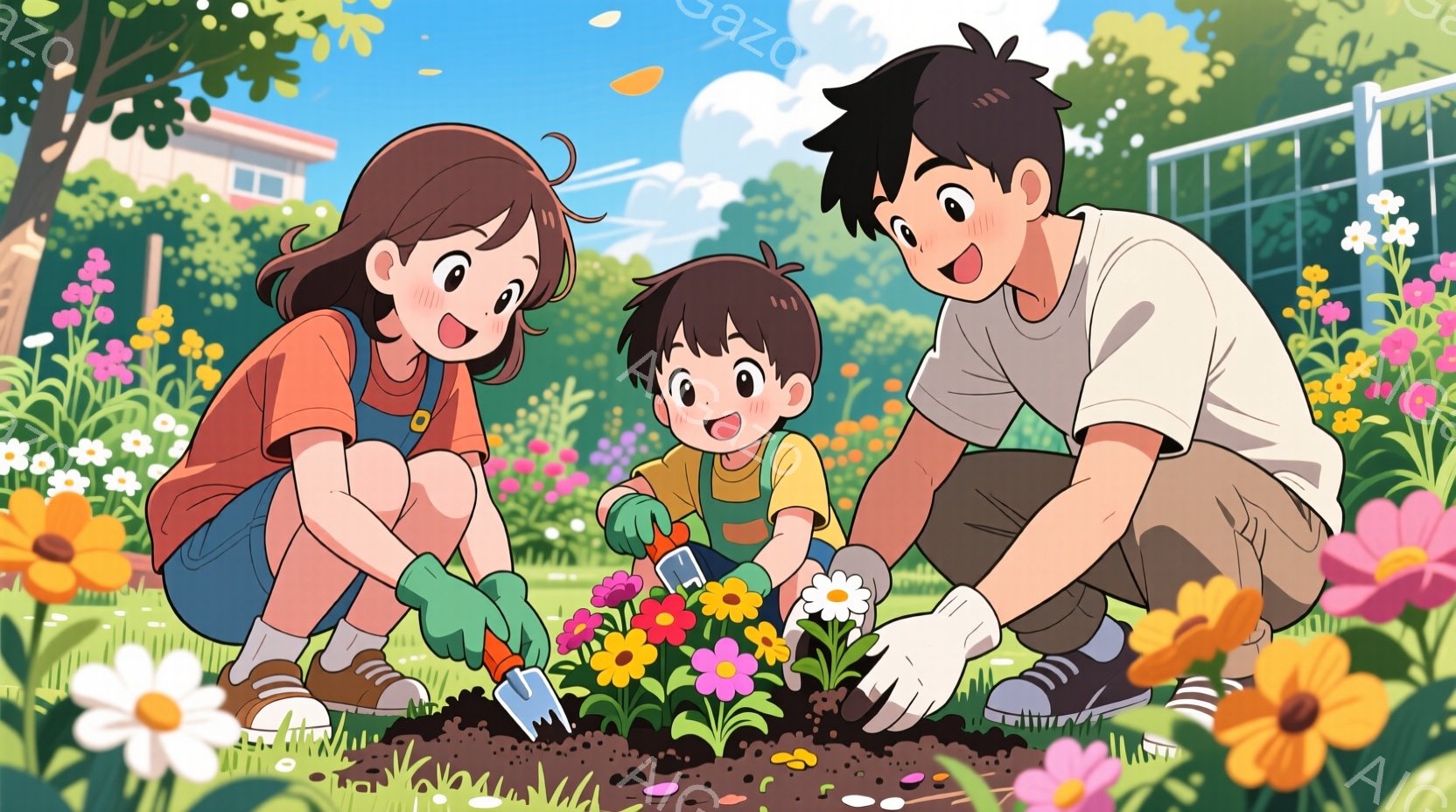 庭で花を植える家族が描かれています。母親はオーバーオール姿で、息子は緑色のシャツと短いズボンを着用し、父親は白いTシャツとズボン姿で、それぞれ土を掘り、苗を植えています。背景には家、緑豊かな植物、そし - AI生成フリー素材