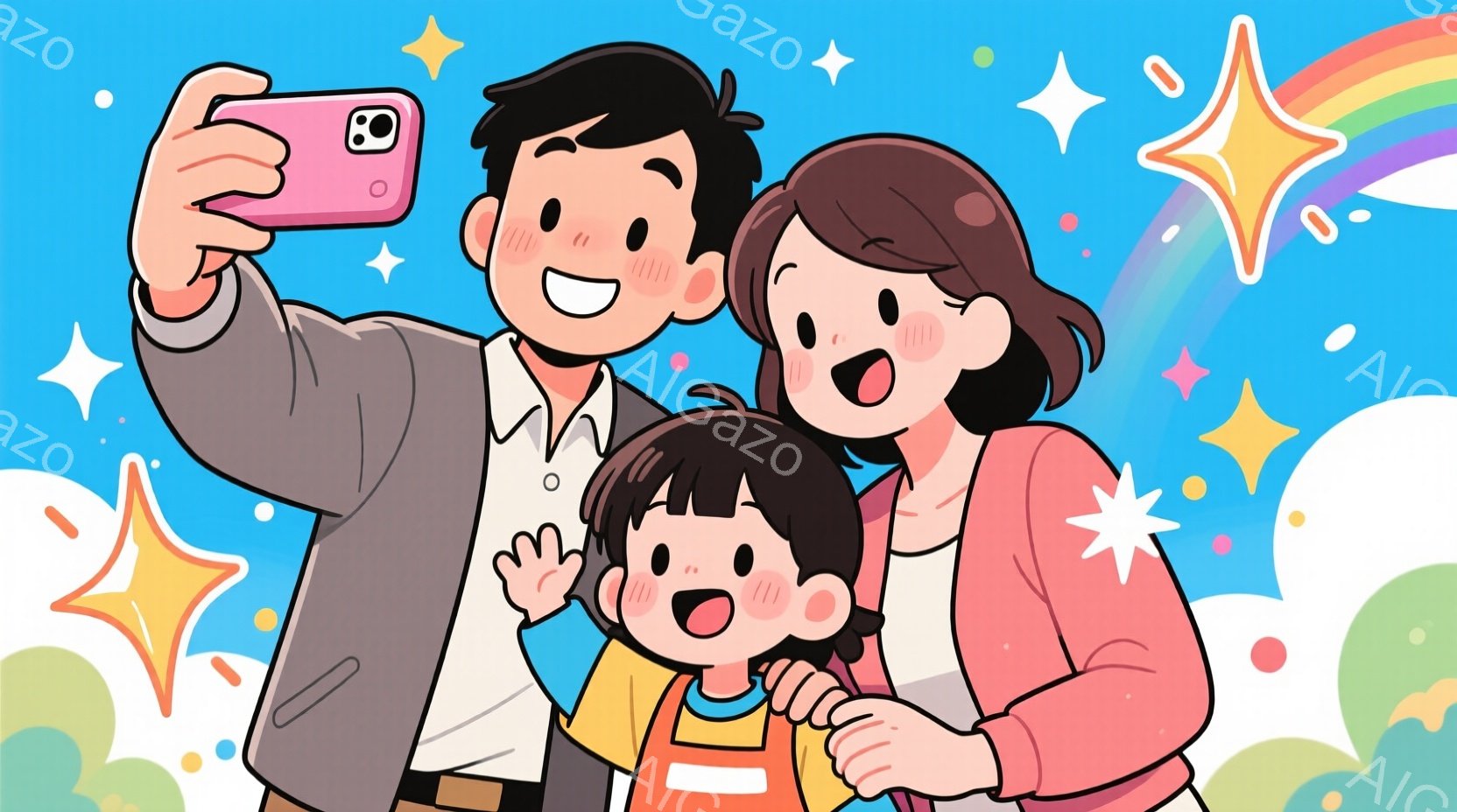 笑顔の家族がセルフィーを撮っています。父親は白いシャツと茶色のズボンを着て、スマートフォンを持っています。母親はピンクのカーディガンと白いシャツを着ており、幼い子供はオレンジ色のオーバーオールを着て手を振っています。