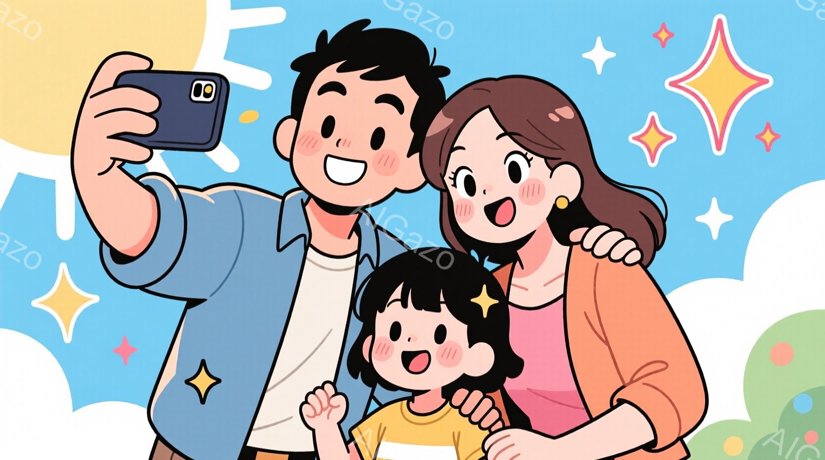 家族がセルフィーを撮っています。父親は青いシャツを着て、母親はピンク色のシャツを着ています。小さな女の子は黄色いシャツを着ており、皆笑顔でとても幸せそうな表情をしています。 - AI生成フリー素材