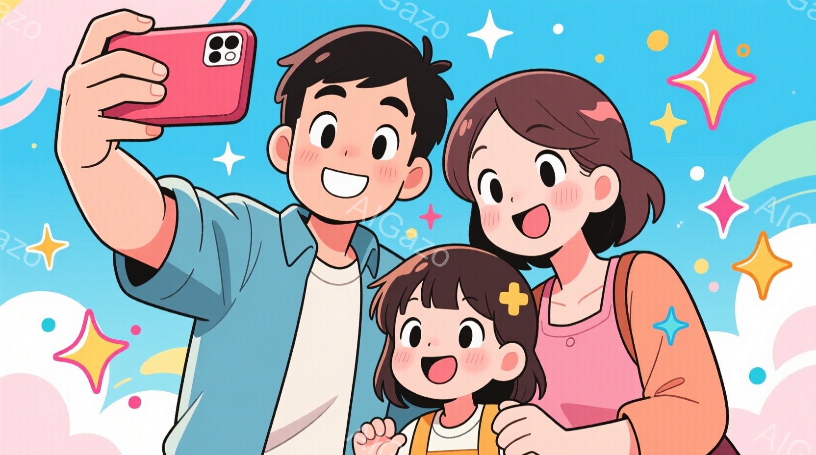 若い夫婦と幼い娘が自撮りしている様子を描いています。夫は白いTシャツを着ており、妻はオレンジ色のシャツを着て、娘は黄色いオーバーオールを着ています。背景には明るい水色と黄色、ピンクの星が散りばめられて - AI生成フリー素材