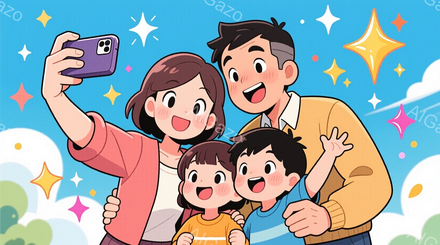 家族四人が青い背景とキラキラした星の前でセルフィーを撮っています。母親はピンクのトップスを着て髪を後ろで束ね、父親は白いシャツを着て笑顔でカメラを見つめています。二人の子供たちはそれぞれ黄色と青のトッ - AI生成フリー素材