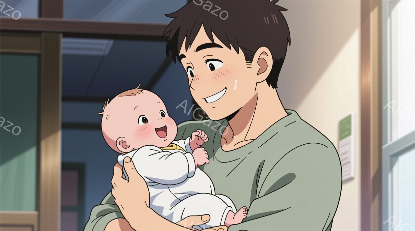 幼い男の子が、緑色のシャツを着た若い男性に抱かれています。赤ちゃんは白い服を着ており、口を開けて笑顔で、丸々とした頬が赤く染まっています。背景には木製の壁とドアがあり、室内であること、そして暖かく穏やかな雰囲気が感じられます。