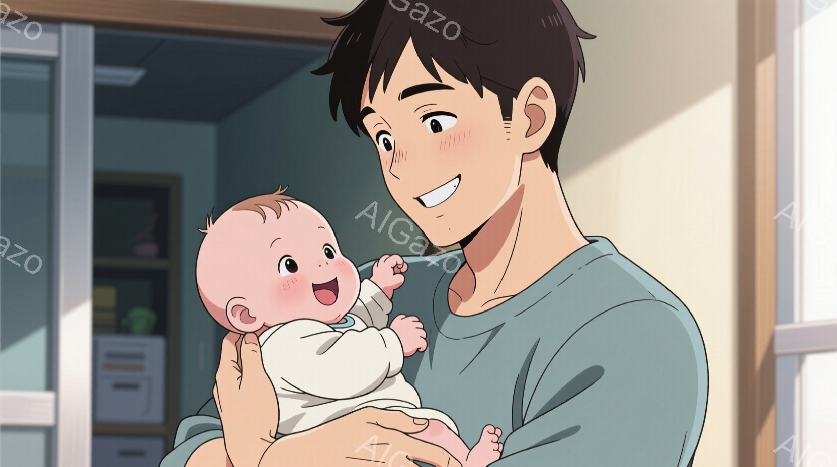 赤ちゃんを抱き上げている男性を描いています。男性は薄緑色のTシャツを着ており、黒髪で、笑顔を浮かべています。背景には白い棚とキャビネットがあり、部屋は明るく穏やかな雰囲気です。