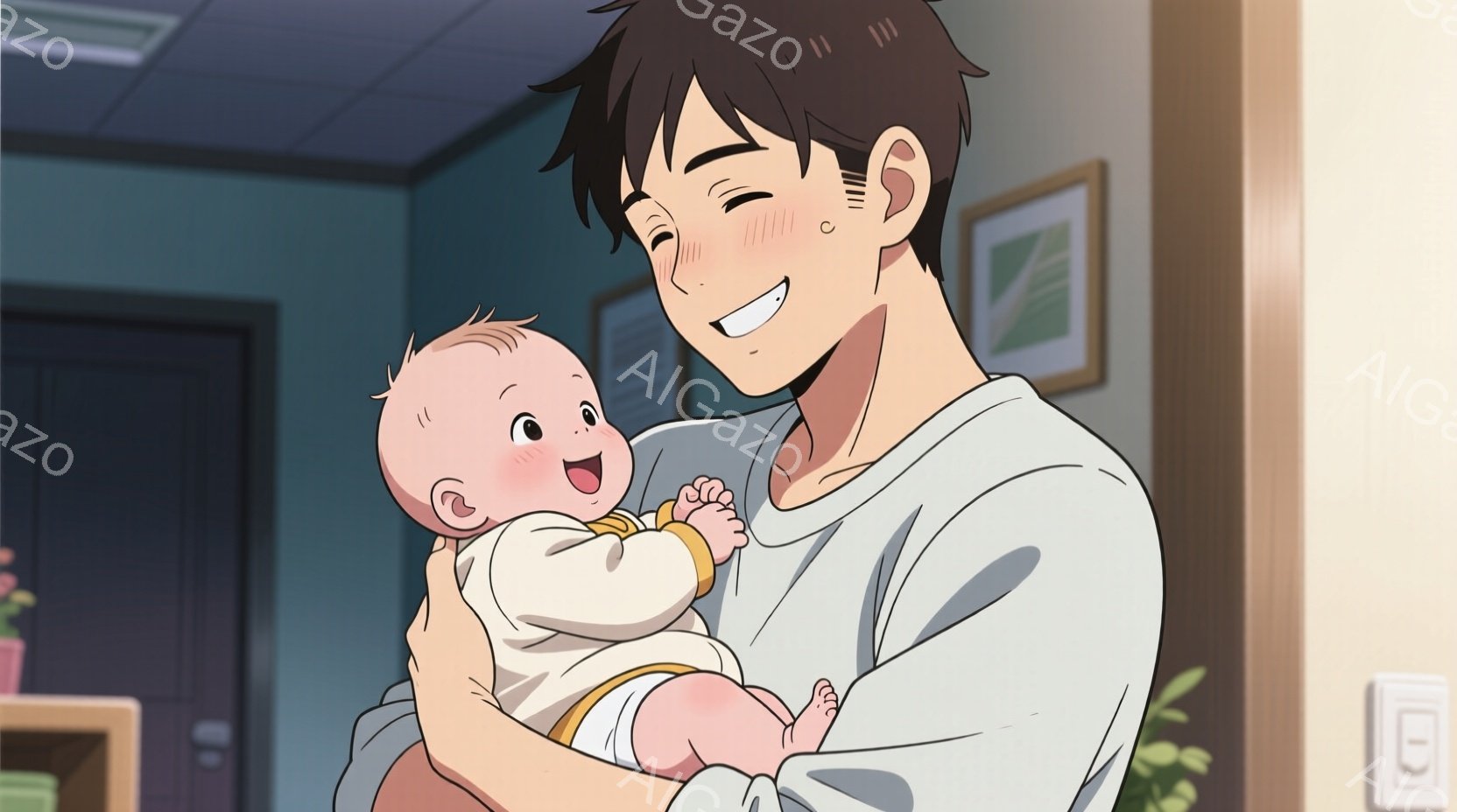 幼児を抱く男性が描かれています。男性は白シャツを着ており、短髪で笑顔を浮かべています。幼児は白いパジャマのような服を着ており、両手を広げて喜んでいます。背景には壁と植物が見え、全体的に温かく幸せな雰囲気が漂っています。