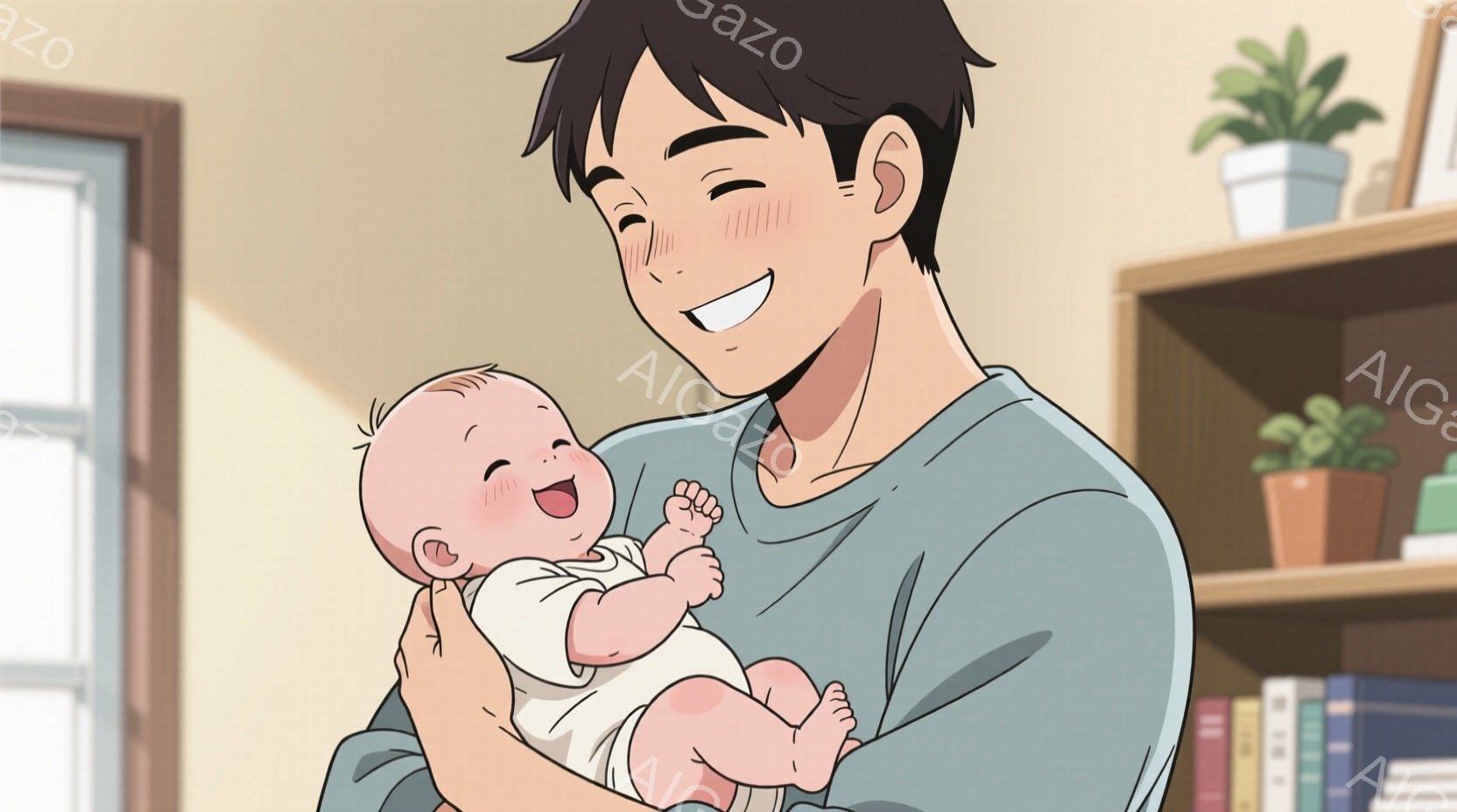 笑顔の男性が赤ちゃんを抱っこしています。男性は短い黒髪で、カジュアルな水色のシャツを着ています。背景には観葉植物や本棚があり、温かく穏やかな家庭的な雰囲気が漂っています。