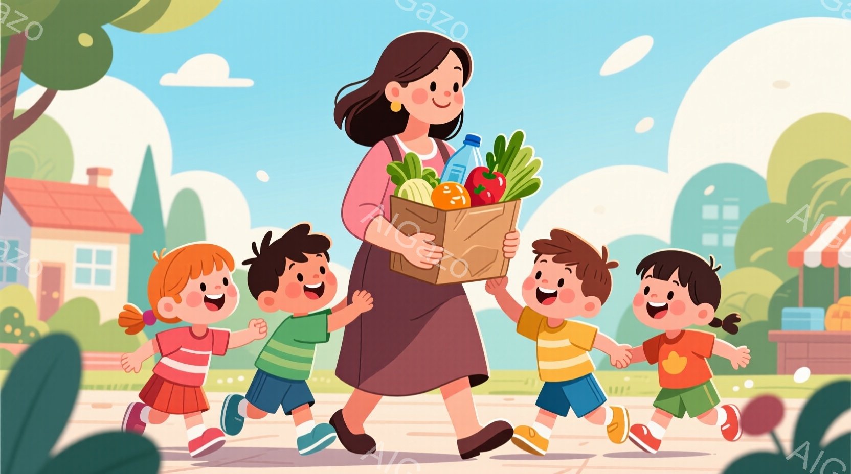 長い茶色の髪を結んだ女性が、いっぱいの買い物袋を持って歩いています。彼女の周りには、笑顔で走る3人の子供たちがおり、それぞれ黄色いシャツと異なる色のスカートまたは短パンを着ています。背景には可愛らしい家々、緑豊かな木々、そして晴れた青空が広がっており、全体的に温かく幸せな雰囲気を醸し出しています。