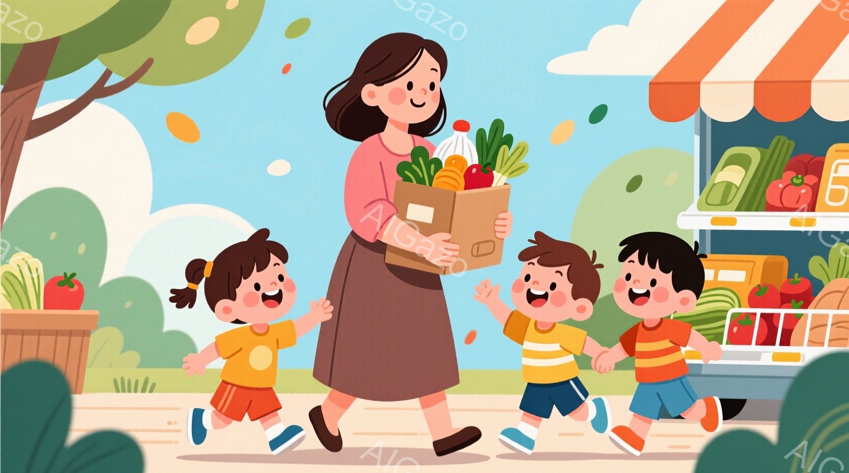 買い物袋を抱えた女性と、その周りを走り回る三人の子供たちが描かれています。女性は茶色の髪を後ろでまとめ、紫色のスカートと上着を着ています。背景には、果物や野菜を売る店と、緑の木々が見え、晴れた日の穏や - AI生成フリー素材