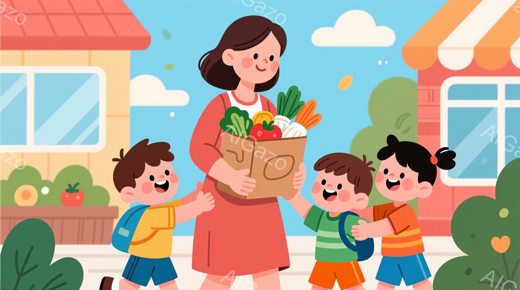 このイラストには、茶髪でワンピースを着た女性と、リュックサックを背負った二人の子供が描かれています。女性は買い物袋いっぱいの野菜を持っており、子供たちは両手を伸ばして女性に近づいています。背景にはピン - AI生成フリー素材
