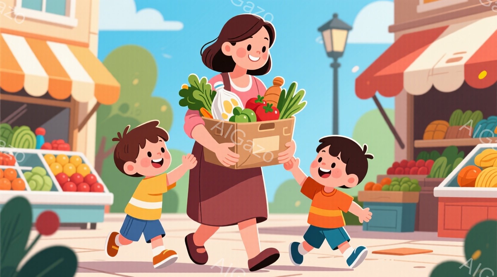 明るい日差しの中、女性が両手に提げられたカゴを抱え、二人の幼い男の子が両脇から彼女に寄り添いながら歩いている。女性は茶色のスカートとトップスを着ており、短めの茶色の髪をしている。背景には、果物や野菜を - AI生成フリー素材