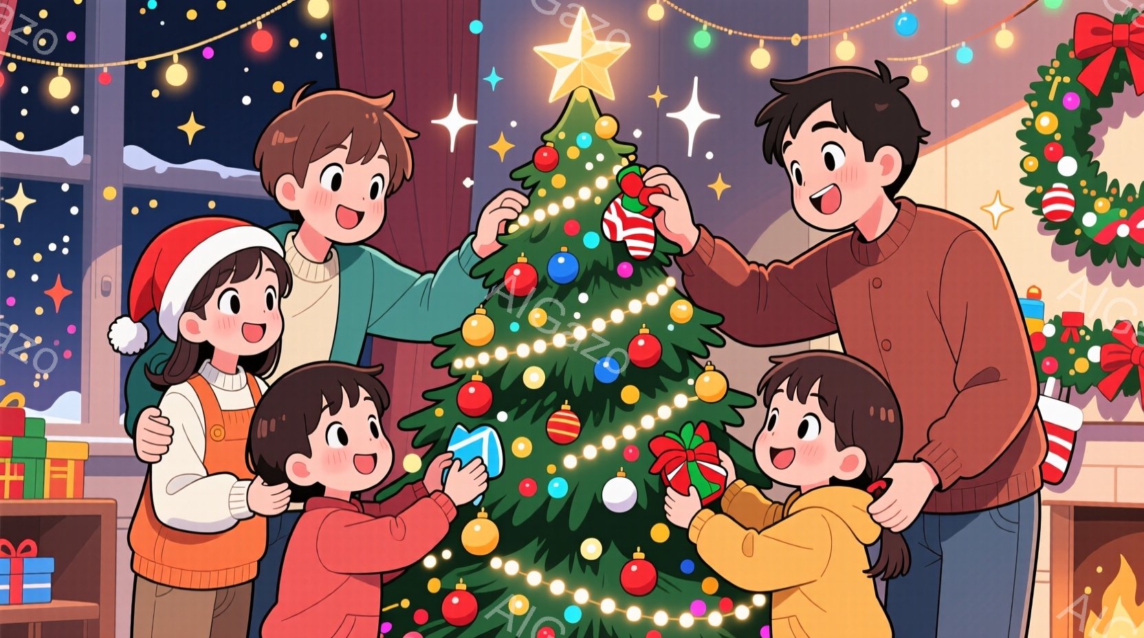 家族がクリスマスツリーを飾り付けている様子が描かれています。子供たちはそれぞれ赤いサンタの帽子やセーターを着ており、ツリーにオーナメントを飾ることに夢中になっています。背景には暖炉やプレゼントの山があ - AI生成フリー素材