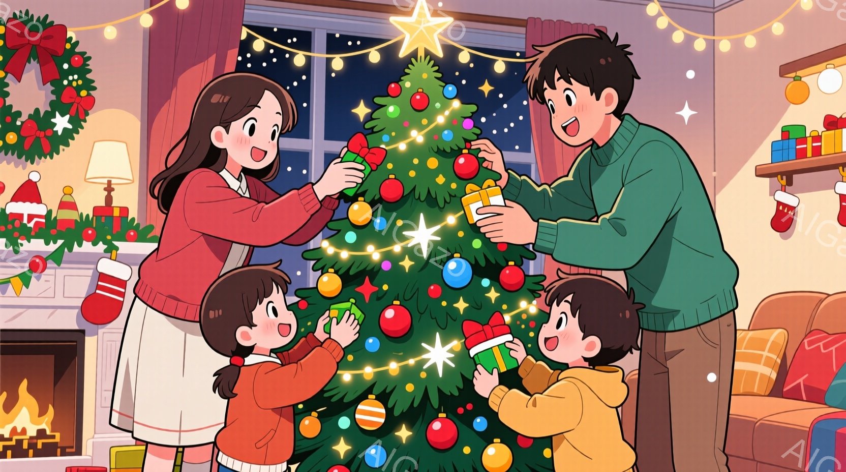 暖炉のあるリビングで、家族がクリスマスツリーを飾り付けています。母親は赤いセーターを着て、娘と共にオーナメントを飾り、父親は息子と一緒にプレゼントをツリーに吊るしています。背景にはプレゼントの山やクリ - AI生成フリー素材