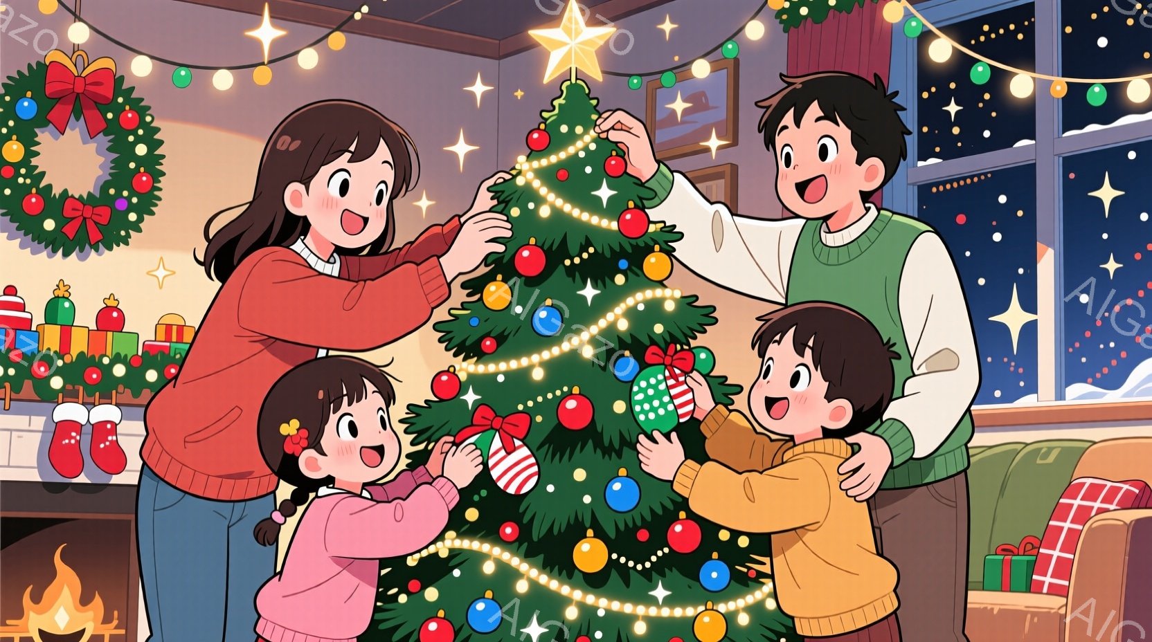 家族がクリスマスツリーを飾り付けているイラストです。母親は長い茶色の髪で、赤いセーターとジーンズを着ています。子供たちはそれぞれ異なる色のセーターを着ており、ツリーにオーナメントを取り付けようとしてお - AI生成フリー素材