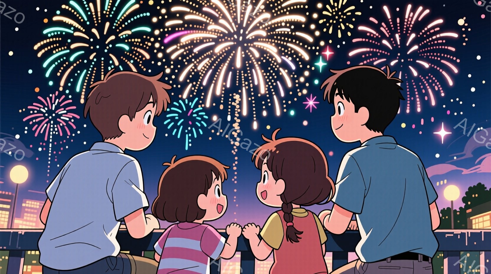 屋上らしき場所で花火を見上げる4人の子供たちが描かれています。彼らは皆、短い髪で、リラックスした表情で、それぞれ異なる色のシャツを着ています。背景には、都市の建物が広がり、夜空には色とりどりの花火が咲 - AI生成フリー素材
