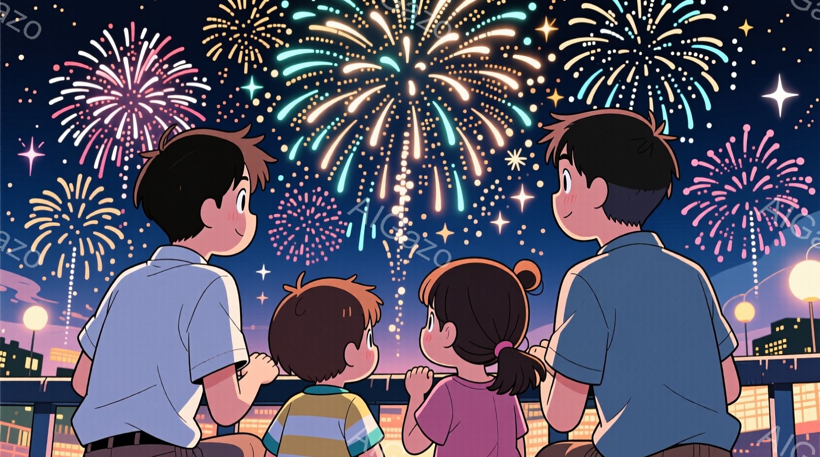 家族が夜空に咲く花火を見上げています。少年は青いシャツ、少女はピンクの服、父親は白いシャツと黒いズボンを着用しており、皆、顔を上げて興奮した表情をしています。背景には街の建物が並び、夜空は暗く、花火が - AI生成フリー素材
