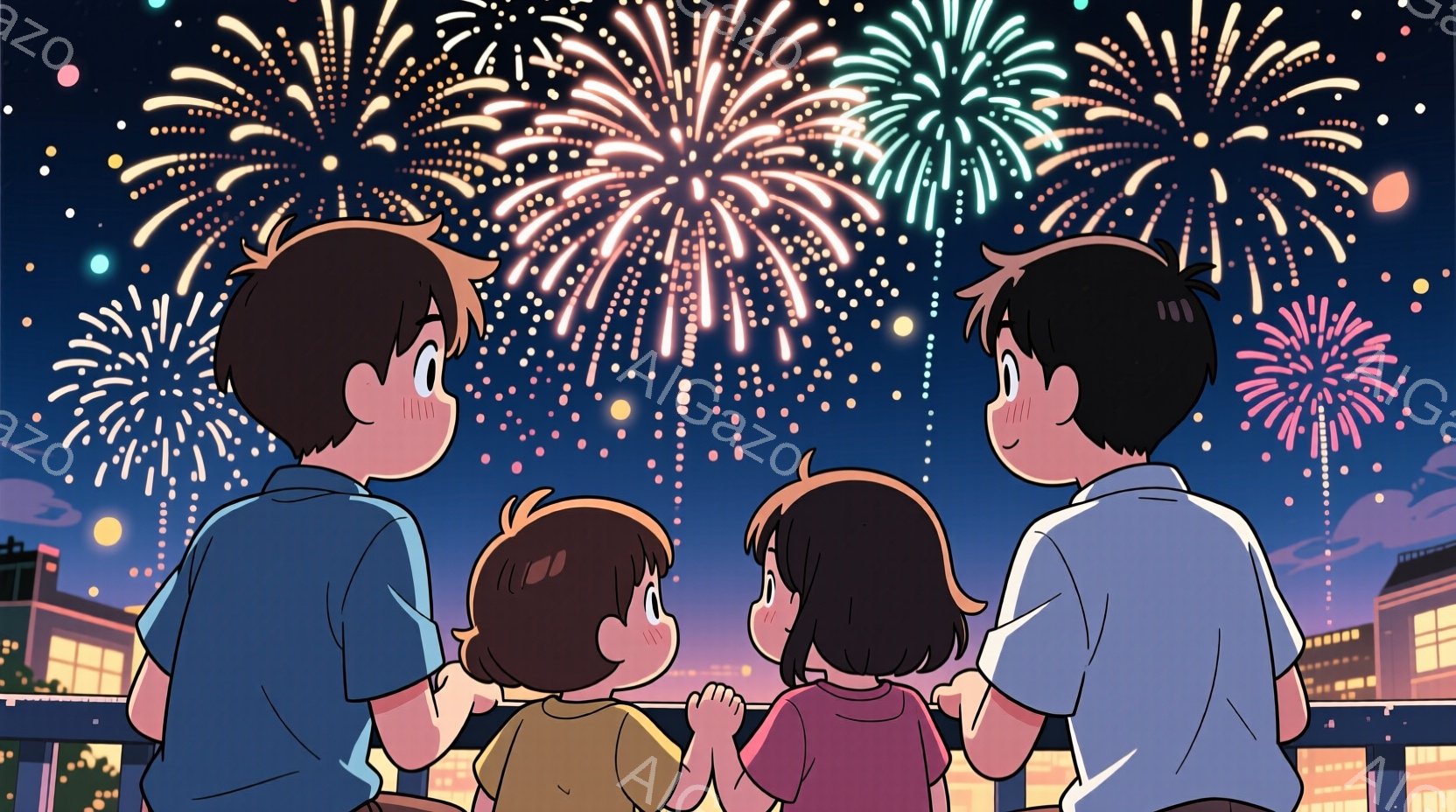家族が夜空の打ち上げ花火を見上げています。子供たちは皆短い髪で、シンプルな服を着ており、花火に夢中になった表情をしています。背景には屋根と街並みが見え、夜空には無数の花火が咲き誇り、温かく穏やかな雰囲気を醸し出しています。