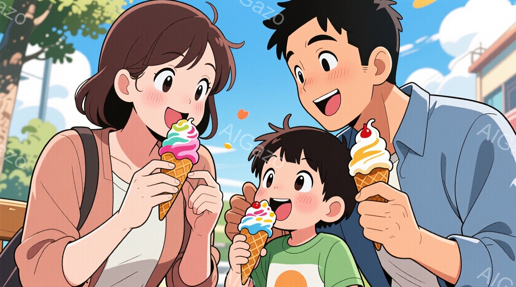 笑顔の母親と父親、そして幼い息子の３人がアイスクリームを楽しんでいるイラストです。母親は茶色のショートヘアで、ベージュのシャツを着ており、息子とアイスクリームを見つめて微笑んでいます。背景には青空と緑 - AI生成フリー素材