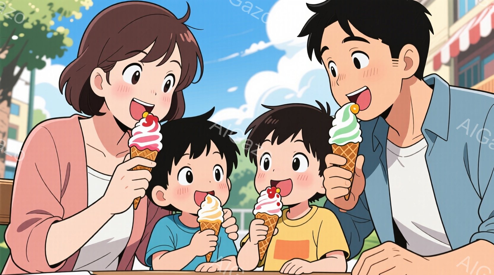 家族がアイスクリームを楽しんでいるイラストです。母親はピンクのシャツを着ており、息子たちはそれぞれ青とオレンジのシャツを着ています。背景には建物と木々があり、晴れた空が広がっています。