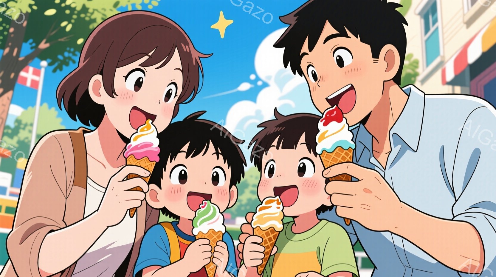 家族がアイスクリームを楽しんでいるイラストです。母親はオレンジ色のジャケットを着ており、2人の息子たちはそれぞれ緑と青のTシャツを着ています。背景にはカラフルな建物と青空が広がり、暖かい夏の日の雰囲気 - AI生成フリー素材