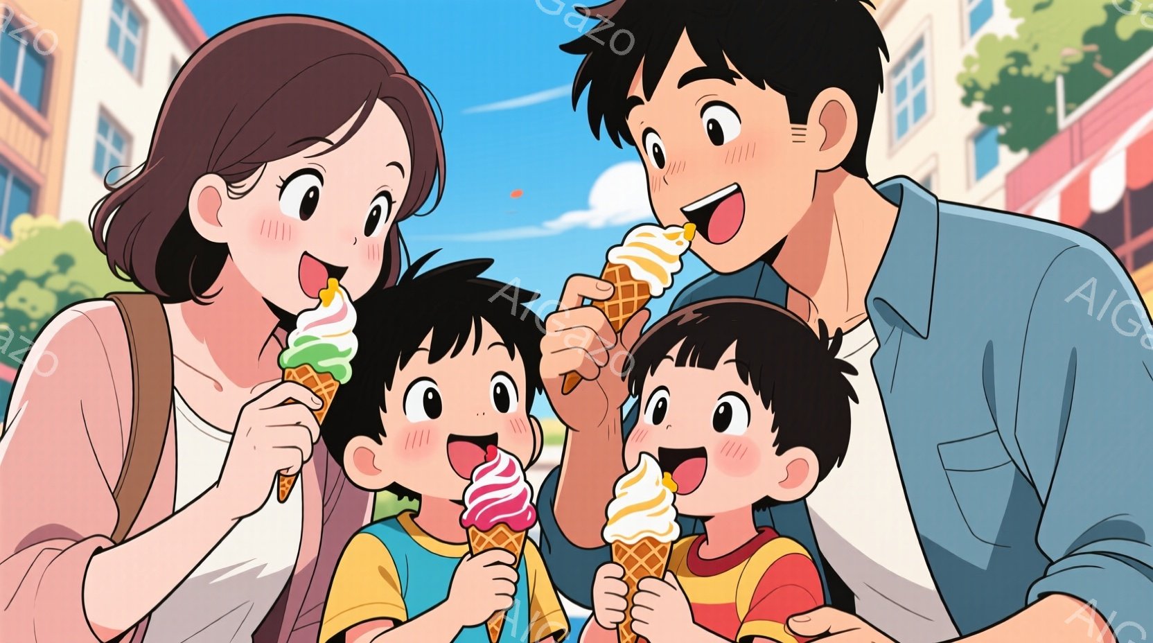 家族がアイスクリームを楽しんでいるイラストです。母親は茶色の髪で、ピンクの服を着ています。二人の男の子はそれぞれ緑とピンクのアイスクリームを持っており、笑顔でアイスクリームを味わっています。