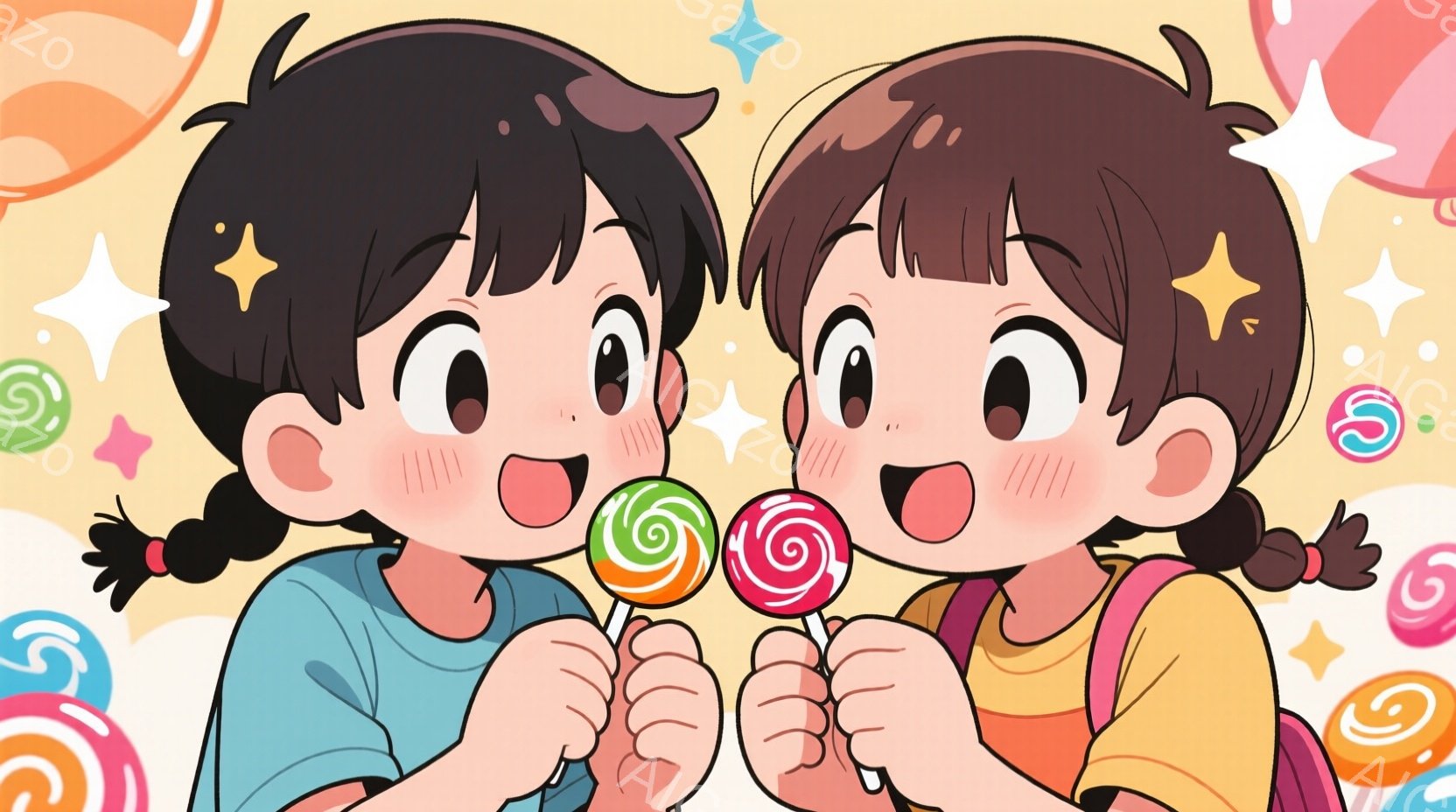 二人の幼い女の子が正面を向いて描かれており、それぞれ異なる色の棒付きキャンディーを持っています。短い黒髪をポニーテールにし、頬は赤く染まり、満面の笑みを浮かべています。背景はパステルカラーで、キャンデ - AI生成フリー素材