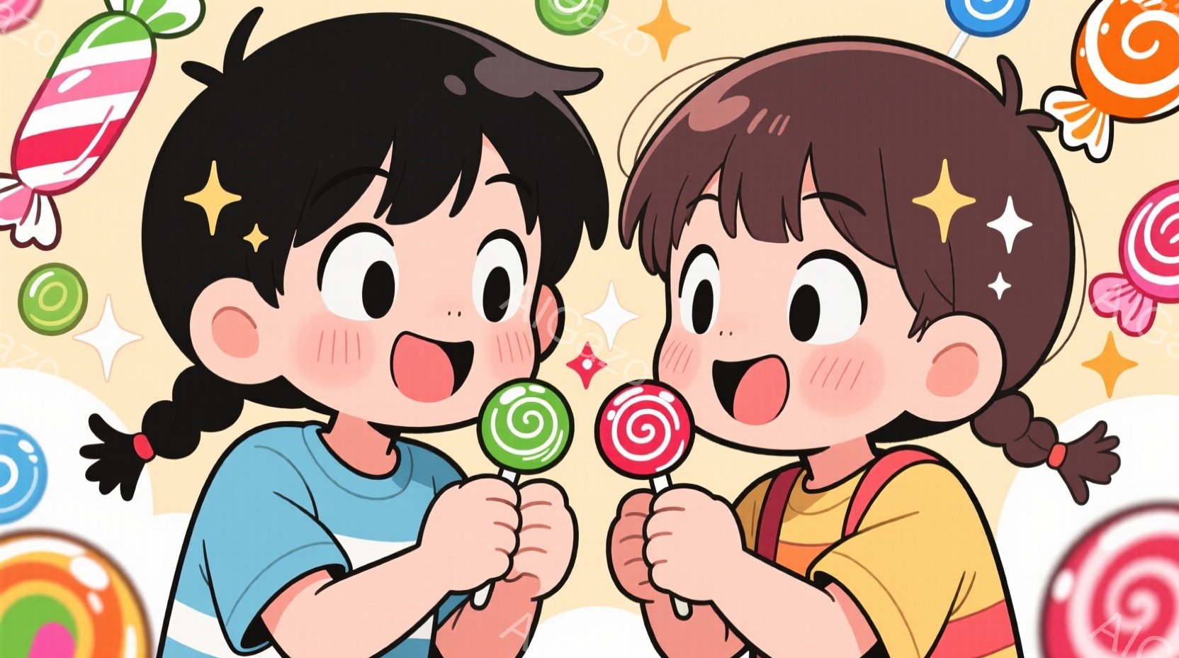 2人の女の子が、それぞれキャンディーを持っているイラストです。青い縞模様のシャツを着た女の子は、緑色の渦巻きキャンディーを、黄色いシャツを着た女の子は、赤い渦巻きキャンディーをそれぞれ嬉しそうに持って - AI生成フリー素材