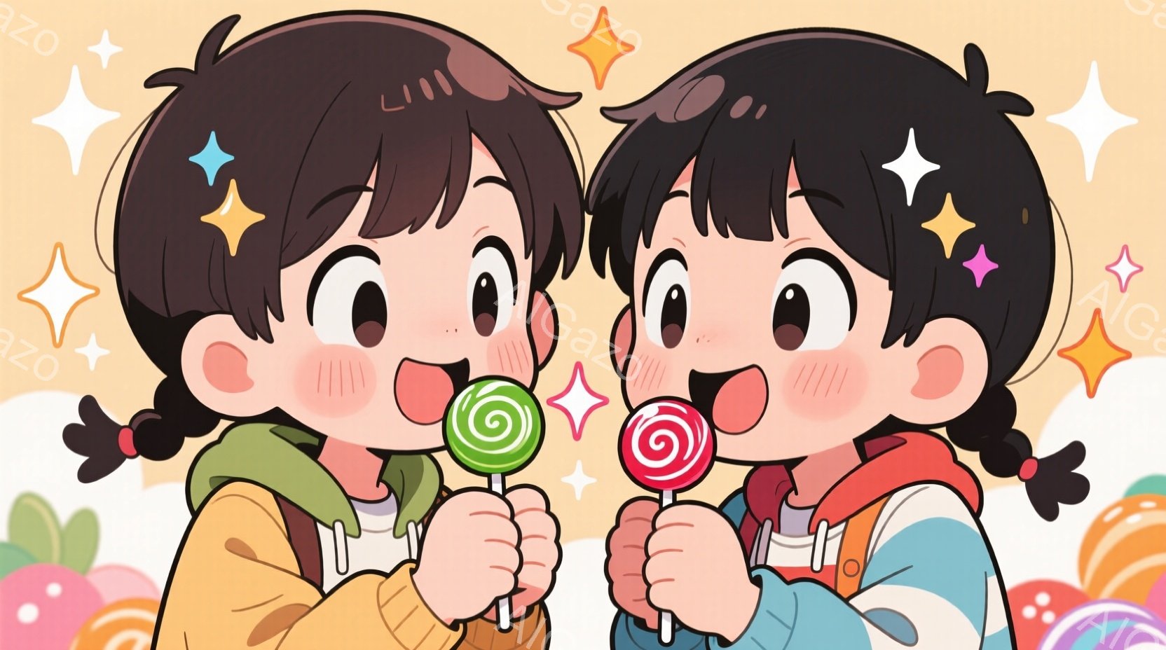 キャンディーをそれぞれ持った二人の幼い少女が描かれています。彼女たちは黒髪で、それぞれ黄色と青色のセーターを着ており、頬は赤く染まっています。背景は明るいオレンジ色で、星や水玉模様の装飾が散りばめられ - AI生成フリー素材