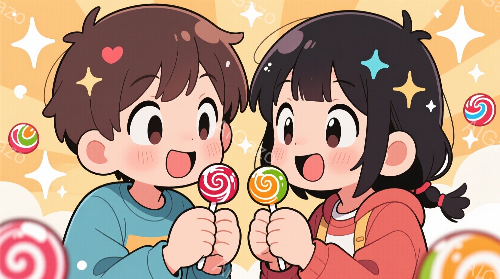 少年と少女がキャンディーを持っているイラストです。少年は青いセーターを着ており、茶色の髪型で、笑顔でキャンディーを見ています。少女は赤いオーバーオールを着て、黒い髪をポニーテールにしており、同じように - AI生成フリー素材