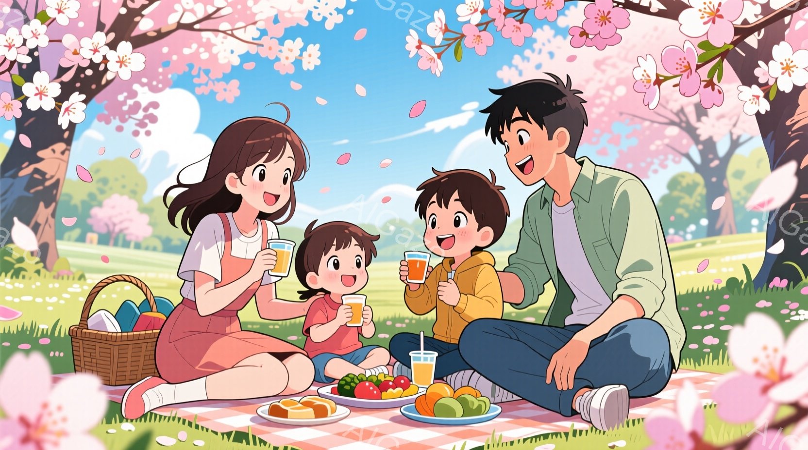 桜の木の下でピクニックを楽しんでいる家族が描かれています。母親はピンク色のワンピースを着て、長い髪を後ろで束ね、笑顔でオレンジジュースを幼い息子に渡しています。父親は紺色のシャツを着て、もう一人の息子 - AI生成フリー素材