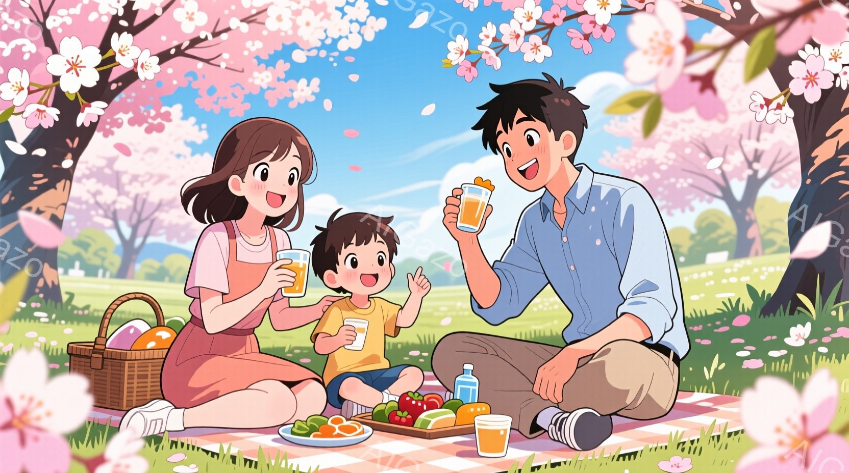 桜の花びらが舞う公園で、若い夫婦と幼い息子がピクニックを楽しんでいる様子が描かれている。母親はピンク色のワンピース、父親は水色のシャツ、そして息子は黄色のTシャツを着ており、皆笑顔でオレンジジュースを - AI生成フリー素材