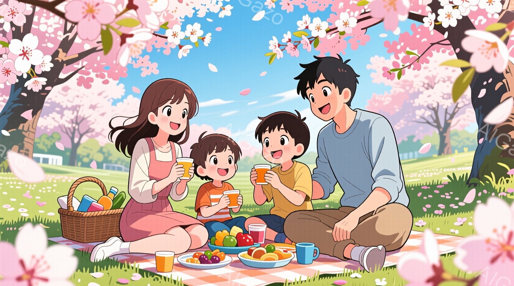 桜の木の下でピクニックを楽しんでいる家族が描かれています。母親はピンク色のワンピースを着て、長い黒髪をしています。父親と息子はそれぞれグレーとオレンジのTシャツを着て、笑顔で飲み物を楽しんでいます。 - AI生成フリー素材
