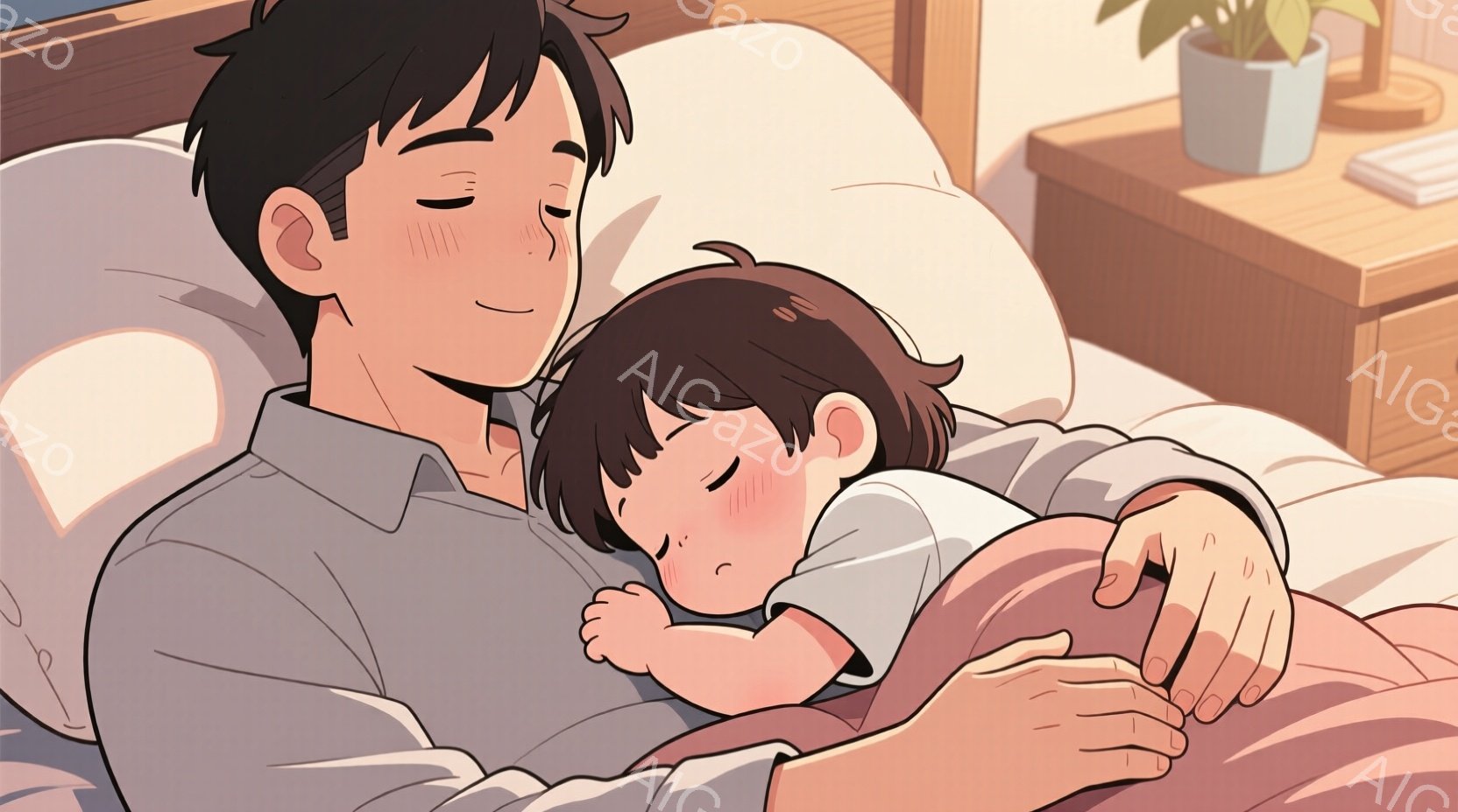 暖かな光に包まれた部屋で、父親が幼い子供を抱きしめています。父親は白いシャツを着ており、短い黒髪で穏やかな表情をしています。子供はピンク色の毛布に包まれ、父親の腕の中で眠っており、頬には赤みが差し、安心した様子が伺えます。
