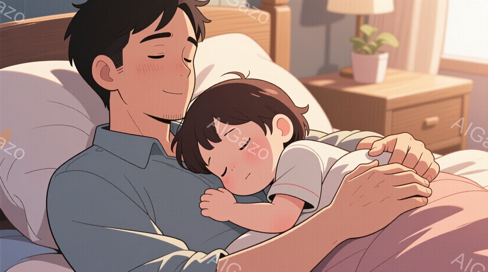 少年を抱きしめる男性が描かれています。男性は薄い水色のシャツを着ており、短い黒髪で、穏やかな表情をしています。背景にはベッド、ナイトテーブル、そして植物が見え、部屋は暖かく、平和な雰囲気です。