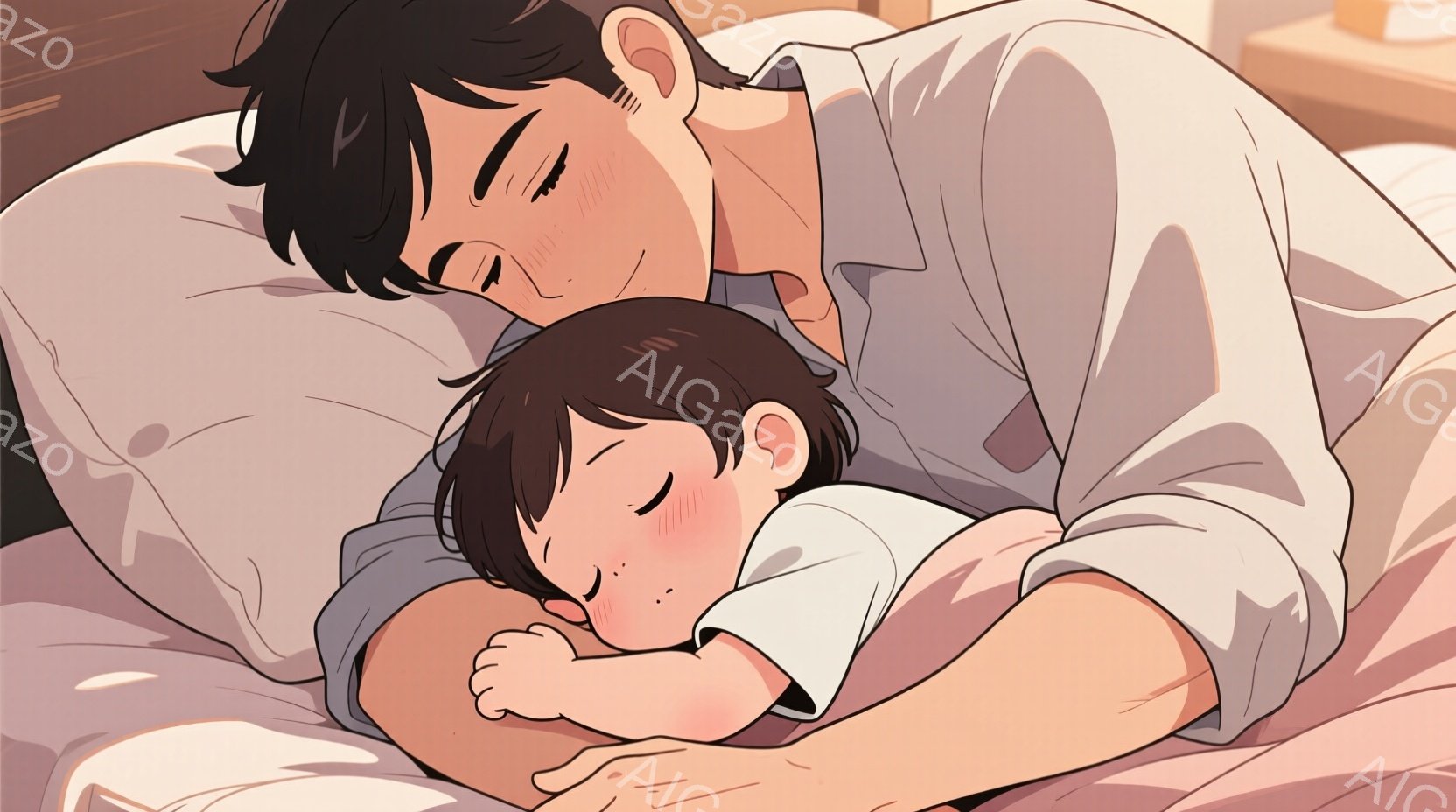 少年は、ある男性の腕の中で眠っています。少年は白いTシャツを着ており、男性は白いシャツを着ています。二人はベッドに横たわり、暖かく穏やかな雰囲気が漂っています。